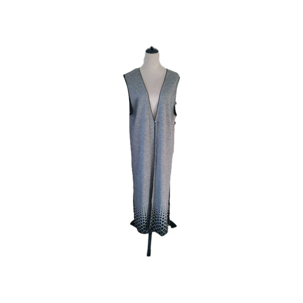 Vtg I.K.C. Country Wear Womens L Long Knit Duster Vest Wool Blend Gray Western